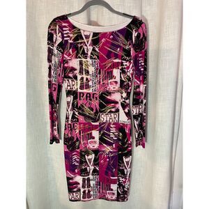 Cache Long Sleeve Bodycon‎ Dress Graphic Print Pink Black Gold Foil Size Small
